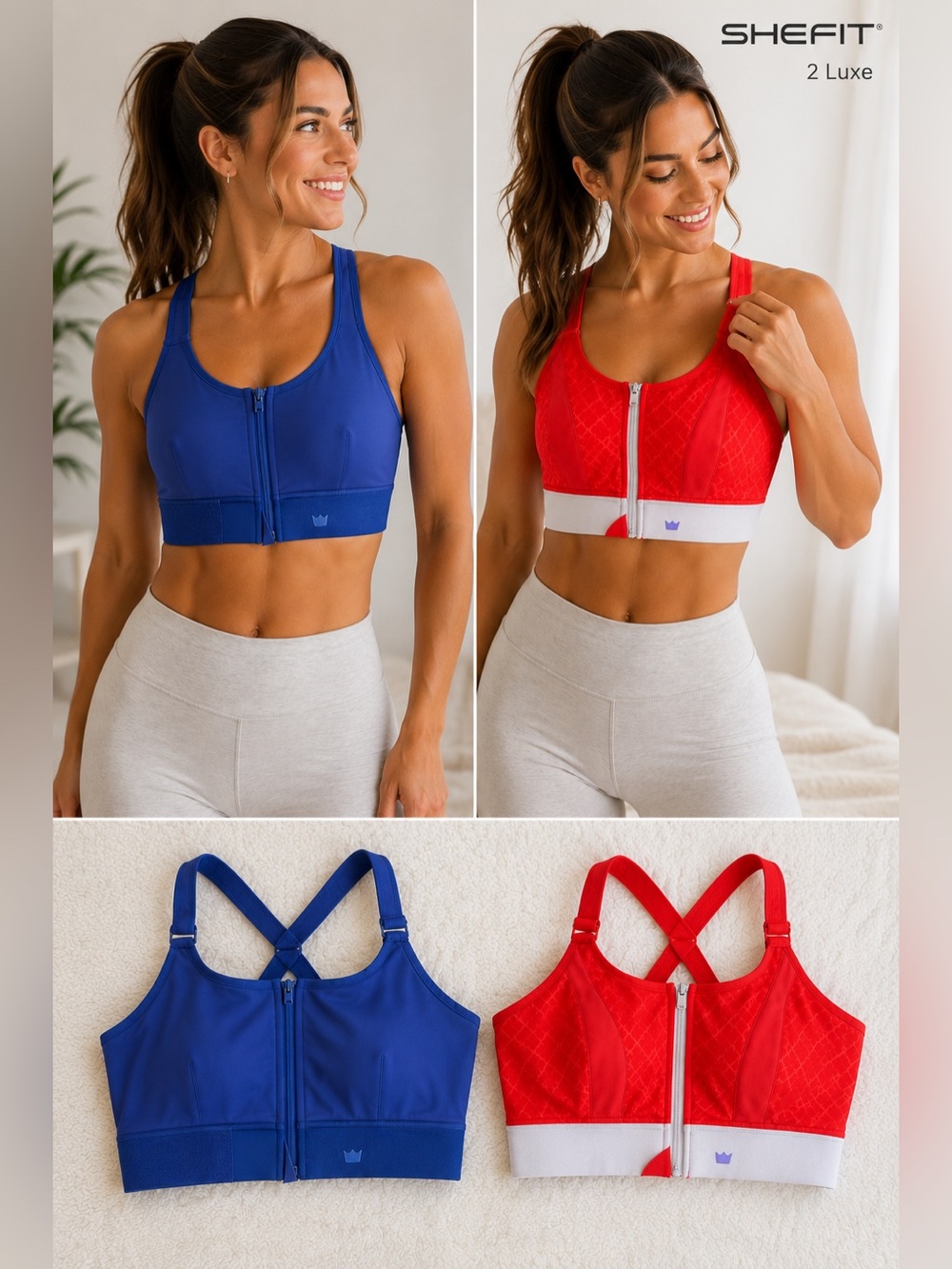 SHEFIT womens size 2 Luxe Sports Bra Bundle  Zip Front gym athleisure blue red